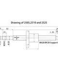 Drawing of 2505, 2510, and 2525 with dimensions for BK20/BF20 support and rod diameter measurements.