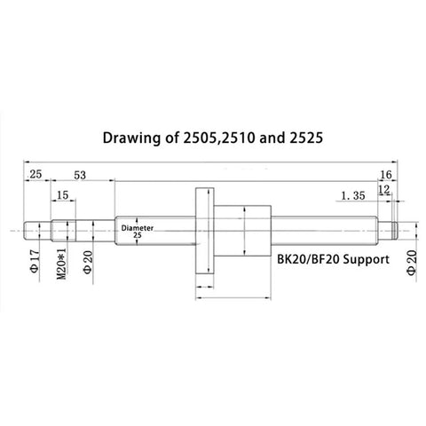 Drawing of 2505, 2510, and 2525 with dimensions for BK20/BF20 support and rod diameter measurements.