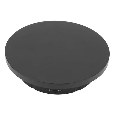 The Top Tier Rotating Display Turntable Comes In Three Sizes With Electric Spin, black, USB powered motor, top view.