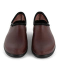 Mens Heavy Duty Waterproof Slip On Shoes For Outdoor Work And Garden Rain Featuring A Built Tough Comfort Support Insole With Durable Leather Print Upper For A Good As Gold Ride - brown shoes front view.