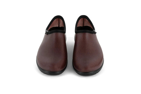 Mens Heavy Duty Waterproof Slip On Shoes For Outdoor Work And Garden Rain Featuring A Built Tough Comfort Support Insole With Durable Leather Print Upper For A Good As Gold Ride - brown shoes front view.