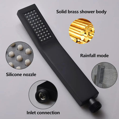 Brass Handheld Shower Head Kit With Square Head Design, close view of silicone jets, brass construction, and inlet connection.