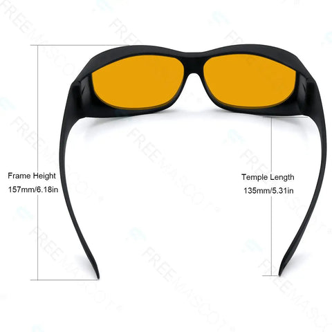 Pro-Grade Blue Laser Safety Shades Delivering Savage OD 6 Plus Shielding Against 405Nm 445Nm 450Nm 473Nm Diodes And Broad Spectrum Ultraviolet Light Rated EN207 Certified Eye Gear with measurements.