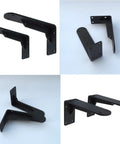Rock Solid Heavy Duty Metal Corner Brackets For Floating Shelves, matte black iron brackets viewed from multiple angles.
