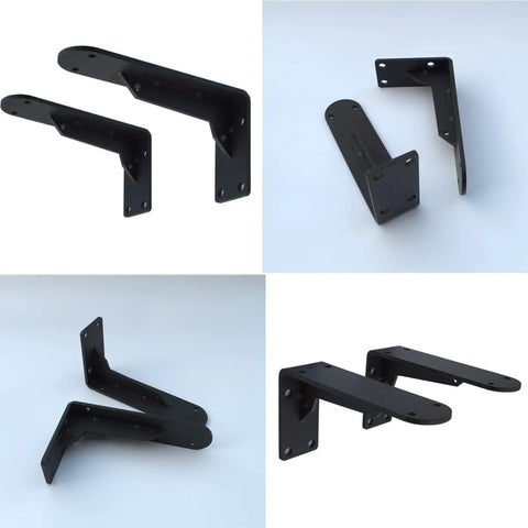 Rock Solid Heavy Duty Metal Corner Brackets For Floating Shelves, matte black iron brackets viewed from multiple angles.