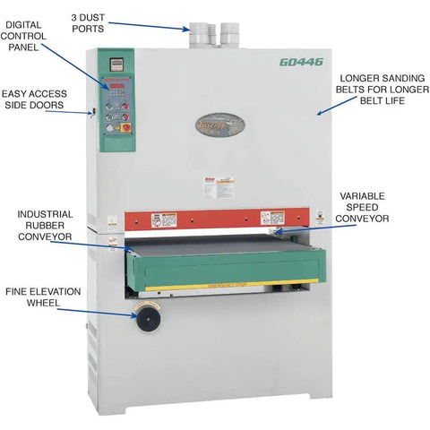 Heavy Duty 37 Inch Platen Wide Belt Sander With 15 Horsepower Three Phase Motor And Smart Independent Controls, featuring digital control panel and industrial rubber conveyor.