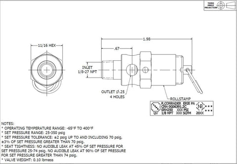 Brass 1/8 in NPT industrial hard-seat safety relief valve, US-made, side view showing inlet and outlet ports.