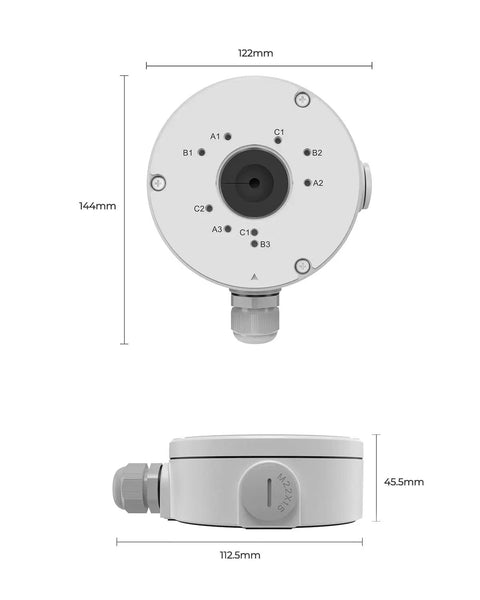 Top view and side view of Durable Aluminum Junction Box B10 for Outdoor and Indoor CCTV Bullet Cameras with dimensions.