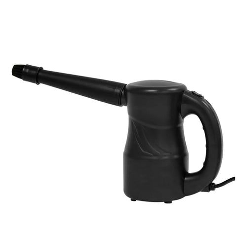 Side view of a black plug-in electric air duster with nozzle, designed for cleaning electronics. Electric Air Duster And Blower For Home And Office Cleaning With Dual Speeds 39000 And 28000 RPM Plug In Multipurpose Tool For Computers Laptops Keyboards Cars Cameras And More 10 Foot Cord Black.