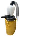 2.5 Inch Heavy Duty Dual Stage Cyclone Dust Collector with yellow metal canister and clear separator for woodworking shops.