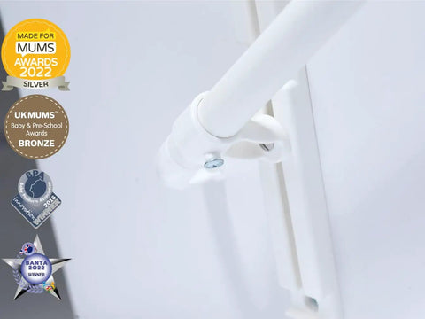 Close-up of Fully Adjustable Toddler Stair Handrail Built Like A Tank For Little Ones Grows With Your Kid To Deliver Kid Approved Safety and secure mounting system.