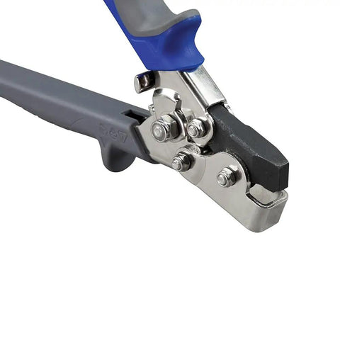 Close-up of Punch Set Snap Lock Handy Tool for sheet metal, vinyl, and aluminum siding with contoured grips and lever mechanism.