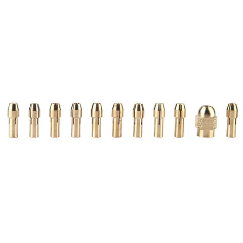 Get This Premium Brass Collet Set For Rotary Tools With Quick Change 4 3Mm Shank - 11 assorted brass collets showcased in a line.