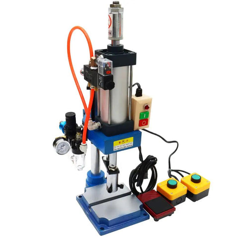 Smooth Operator Pneumatic Punch Press With Adjustable Cylinder Stroke For Kickin Sheet Metal Holes 660 Lb Pressure Two Button Control For Dead On Accuracy At 110V with two control buttons and orange air hose.