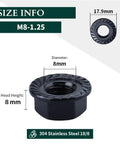Heavy Duty M8 1.25 Hex Serrated Flange Nuts 304 Stainless Steel Black Oxide Finish Tough As Nails Grip For Automotive And Home Garage Diy Projects 20 Pack close-up with size info.