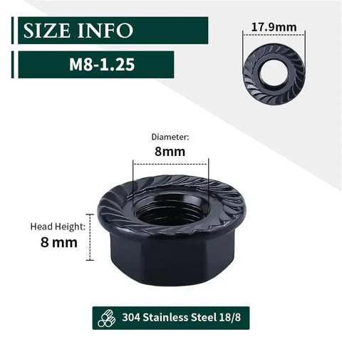 Heavy Duty M8 1.25 Hex Serrated Flange Nuts 304 Stainless Steel Black Oxide Finish Tough As Nails Grip For Automotive And Home Garage Diy Projects 20 Pack close-up with size info.