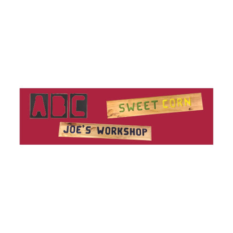Top Tier 41 Piece Router Template Set With Self Spacing 2.5 Inch Alphabet Characters used to create wooden signs: ABC, Sweet Corn, Joe's Workshop.