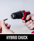 Badass Brushless 12V Cordless Drill And Five Half Inch Circular Saw Power Tool Combo Kit With Lithium Battery And Lightning Fast Charger For Weekend Warriors hybrid chuck close-up with bit held in hand.