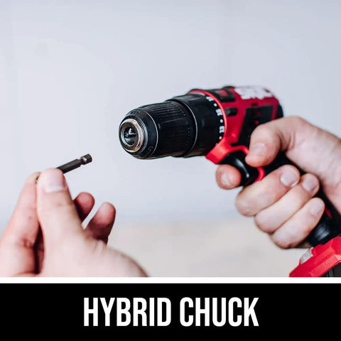 Badass Brushless 12V Cordless Drill And Five Half Inch Circular Saw Power Tool Combo Kit With Lithium Battery And Lightning Fast Charger For Weekend Warriors hybrid chuck close-up with bit held in hand.