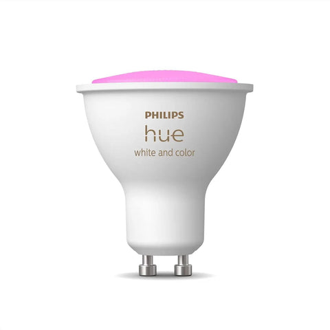 Smart 50W GU10 LED Bulb With White And Color Ambiance, side view showcasing design, 400 lumens, indoor lighting, color-changing.