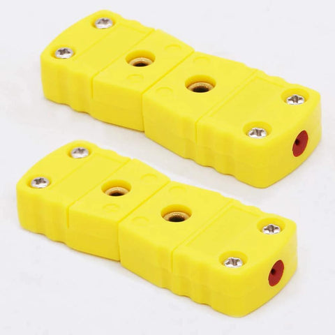 Two yellow K-type thermocouple plug adapters with screw terminals