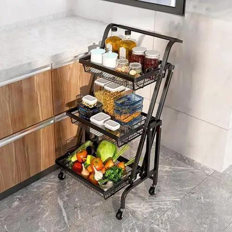 Heavy Duty Metal Rolling Storage Cart With Smooth Rolling Wheels For Kitchen Bathroom Laundry And Office Folding Utility Shelf filled with jars and produce.