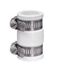 3/4-In Flexible PVC Condensate Pipe Coupling for plastic and copper plumbing lines, white, leak-proof, durable, close-up view.