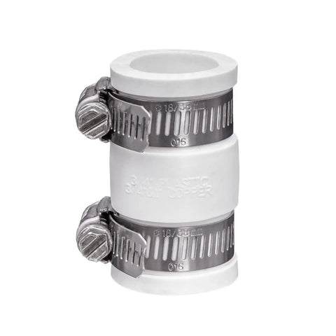 3/4-In Flexible PVC Condensate Pipe Coupling for plastic and copper plumbing lines, white, leak-proof, durable, close-up view.