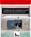 Installation steps for Heavy Duty Concealed Door Hinge Kit For Tile And Stone Wall Doors shown with fixing slots and top screws.