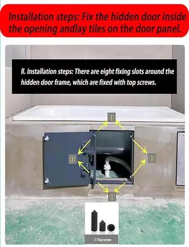 Installation steps for Heavy Duty Concealed Door Hinge Kit For Tile And Stone Wall Doors shown with fixing slots and top screws.