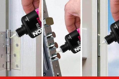 Multipurpose Dry Film Lubricant With Long Lasting Penetrating Action For Indoor And Outdoor Use Great For Bike Chains Gun Oil Fishing Reels And Door Locks Hinge Lubrication Water And Dirt Resistant Non Drip Clean And Dry Formula 50ml Squeeze Bottle used on hinge, lock, and window.