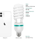 Comparison of iPhone 12 with 45W CFL bulb, details of the 4 Pack 45W CFL Daylight Bulbs 5500K Neutral White 2300 Lumens CRI Over 95 For Studio Photography And Video Lighting Pro Grade Energy Efficient Full Spectrum Bulbs Built For Photo And Video Shoots
