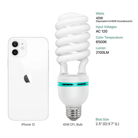 Comparison of iPhone 12 with 45W CFL bulb, details of the 4 Pack 45W CFL Daylight Bulbs 5500K Neutral White 2300 Lumens CRI Over 95 For Studio Photography And Video Lighting Pro Grade Energy Efficient Full Spectrum Bulbs Built For Photo And Video Shoots