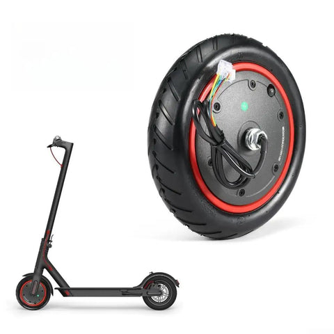 Powerful 350W 36V 8.5 Inch Electric Scooter Hub Motor Replacement with Solid Tire, shown with compatible scooter frame.