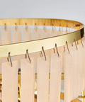 Close-up of Straight Up Executive Vibe Gold Crystal Ceiling Pendant Light With Warm Led Glow Built Different For Upscale Dining Rooms Living Areas And Hotels 80Cm Round Modern Fixture showing gold frame and hanging crystals.