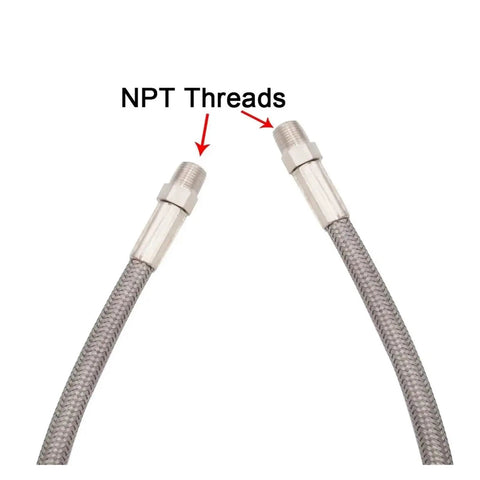 Beast Mode Stainless Steel Braided Air Hose For High Pressure Fuel Fill Up Job Badass Tight Fit Keeps Gas Safe Zero Leak Heavy Duty Construction Kills Abrasion Snap Connectors For True Pro Mechanics Building Cars Now. 36 inch braided hose with NPT threads