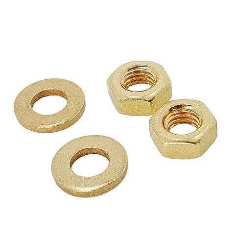 Brass M5x50mm Stud Bolt Kit showing two washers and two hex nuts for metalworking and construction, C38000 CuZn40Pb2 CW617N.