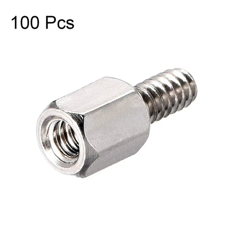 4-40 Brass Hex Standoff Spacers Screws F/M, 6mm Thread, 6mm Hex Length, Nickel Plated, PCB Pillars, 100 Pack in close-up view