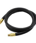 6 Foot Rubber Whip Hose 3/8 Inch With Brass 1/4 NPT End Fittings Built Tough 250 PSI Max Weather Oil Solvent Resistant Outer Coating Spiral Reinforced Made In USA Black coiled view