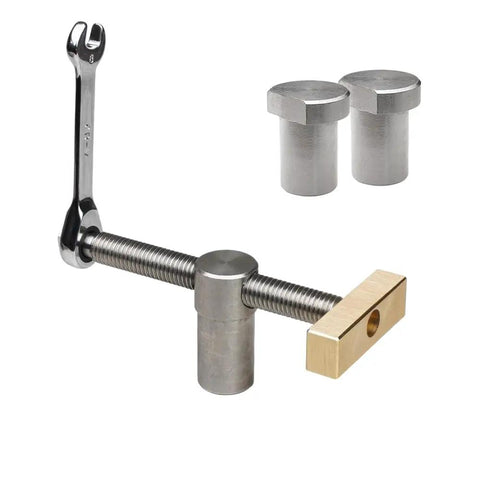 Heavy Duty Woodworking Workbench With Integrated Screw And Accessory Fixing System components including screws and wrench.