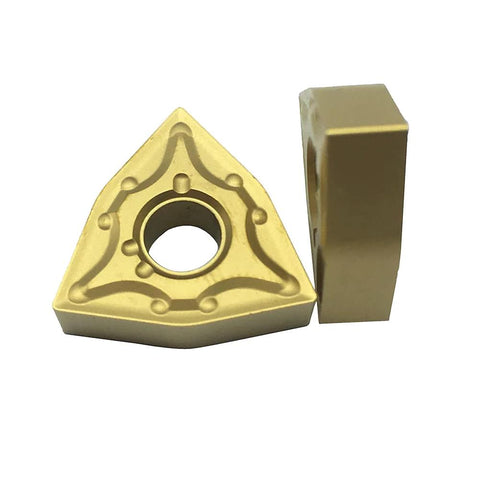WNMG432 solid carbide triangular turning insert, bronze color with center hole; two-piece set with holder block.