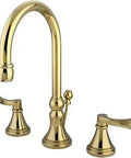NuFrench Widespread Lavatory Faucet With Brass Pop Up Polished Brass Finish, two handles, sleek modern bathroom upgrade