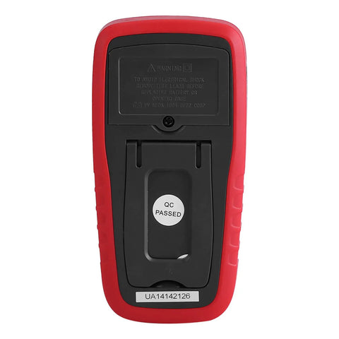 Back view of Pro Digital Capacitance Meter And Multimeter Capacitance Tester Handheld 0.1 pF To 20 000 uF with QC label visible.