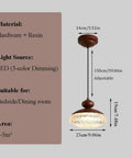 Wood Grain Pendant Light, 3 Color LED Resin Hanging Fixture for Bedroom dimensions and specifications. Adjustable height details.