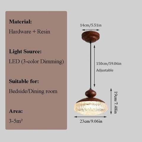 Wood Grain Pendant Light, 3 Color LED Resin Hanging Fixture for Bedroom dimensions and specifications. Adjustable height details.
