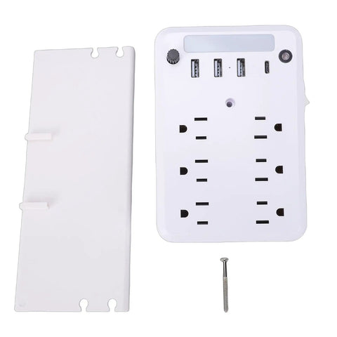 Smart Wall Outlet Extender With Six Power Receptacles And Four USB Ports Including Type C Charging Built In Storage Shelf dimmable unit with connectors and mounting plate.