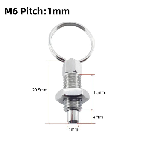 Heavy Duty Stainless Steel Spring Plungers With Pull Ring 5 Pack M6x1 Retractable Indexing Pins close-up with dimensions shown.