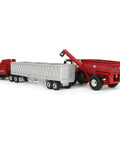 1 To 64 Scale 8250 Combine Harvesting Tractor And Truck Set With 12 Row Corn Head And Grain Head Diecast With Rubber Wheels Includes AFS Connect Magnum 340 Tractor J M Grain Cart And Semi Tractor With Grain Trailer For Collectors showcasing truck and grain cart