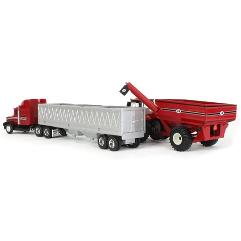 1 To 64 Scale 8250 Combine Harvesting Tractor And Truck Set With 12 Row Corn Head And Grain Head Diecast With Rubber Wheels Includes AFS Connect Magnum 340 Tractor J M Grain Cart And Semi Tractor With Grain Trailer For Collectors showcasing truck and grain cart