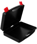 Top Tier Portable Tool Organizer Box With Sturdy Handle, Drop Guard Plastic Toolbox For Garage Mods And Vehicle Fixes, No Sweat Slick Hardware Storage Case, open black toolbox with red latches.